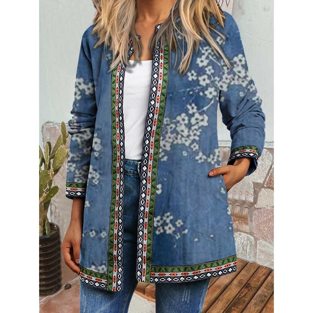 GMXIA Herbst Winter Vintage Ethnischer Stil Druck Übergröße Jacke Strickjacke Damenbekleidung