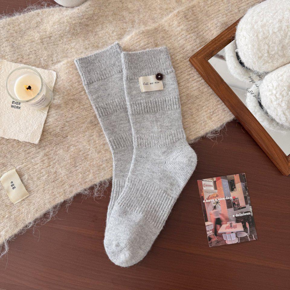 Women's Wool Mid-Calf Socks: Warm, Thick, Knitted with Button Detail, Solid Color, Simple and Chic