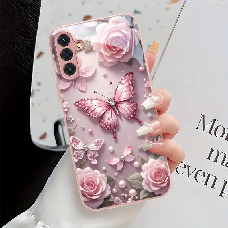 Pink butterfly patterned glass phone case suitable for Samsung Galaxy S26 S25 S24 S23 S22 S20 FE/Ultra/Plus anti drop back cover
