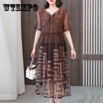 Large Size L-6XL Summer Chiffon Mid-calf Loose Short Sleeve A-line Dress Cover Belly Looks Skinny