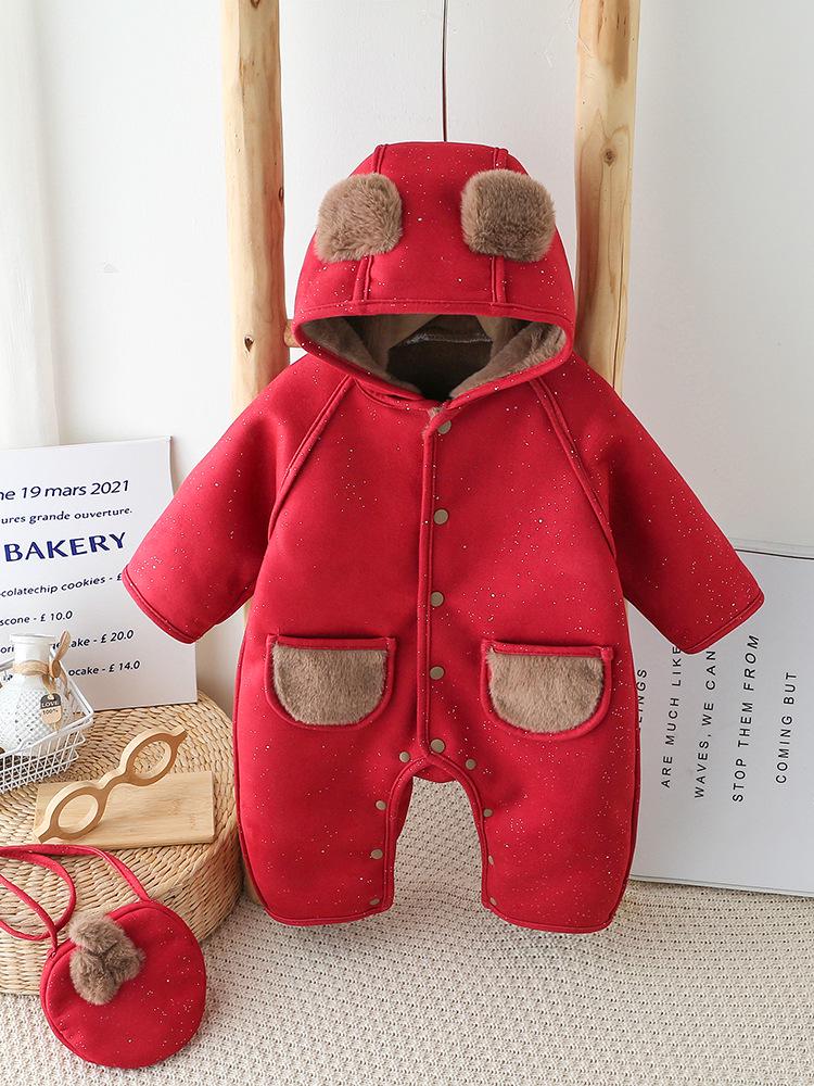 

Winter Baby Fleece Romper: Cute Newborn Two-Piece Hooded Outfit 73cm червоний
