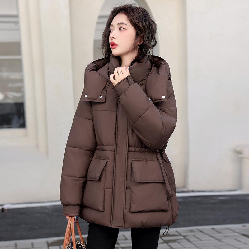Women's Hooded Drawstring Waist Puffer Jacket with Pockets Solid Color Winter Coat
