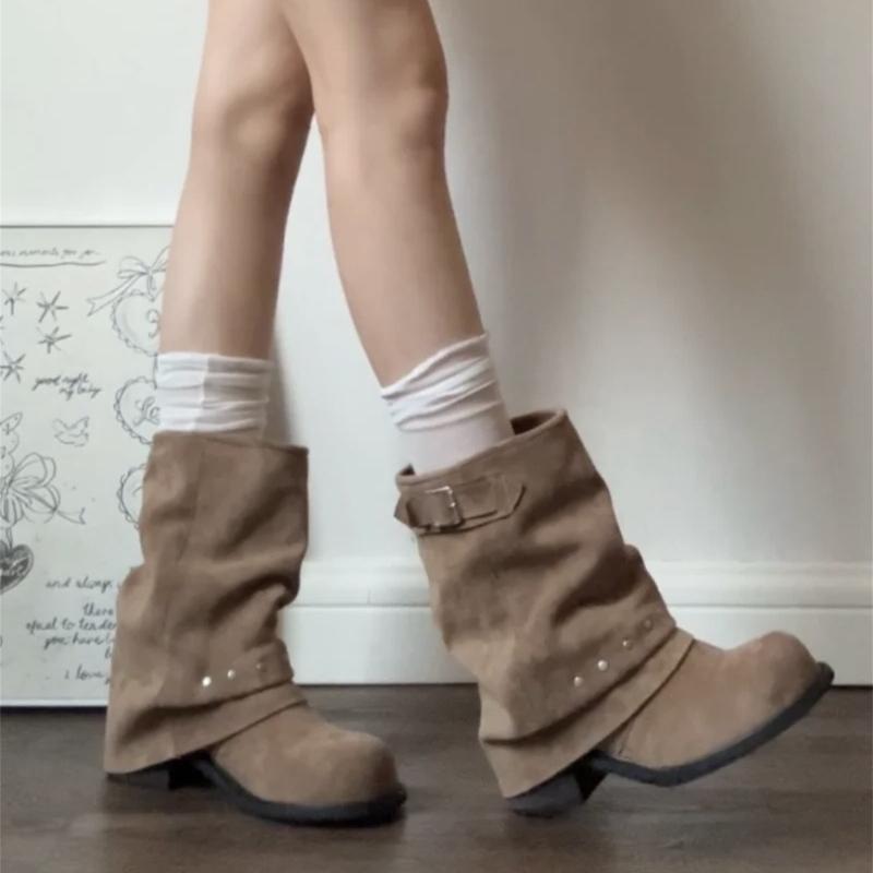 Winter Vintage Pleated Women Pipe Ankle Boots Fashion Rivet Belt Buckle Shoes Ladies Concise Thick Heel Short Booties