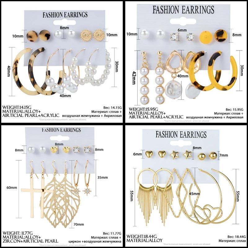 IF ME Korean Geometric Tassel Earring Set Simple Retro Leaf Heart Gold Earrings Jewelry Accessories
