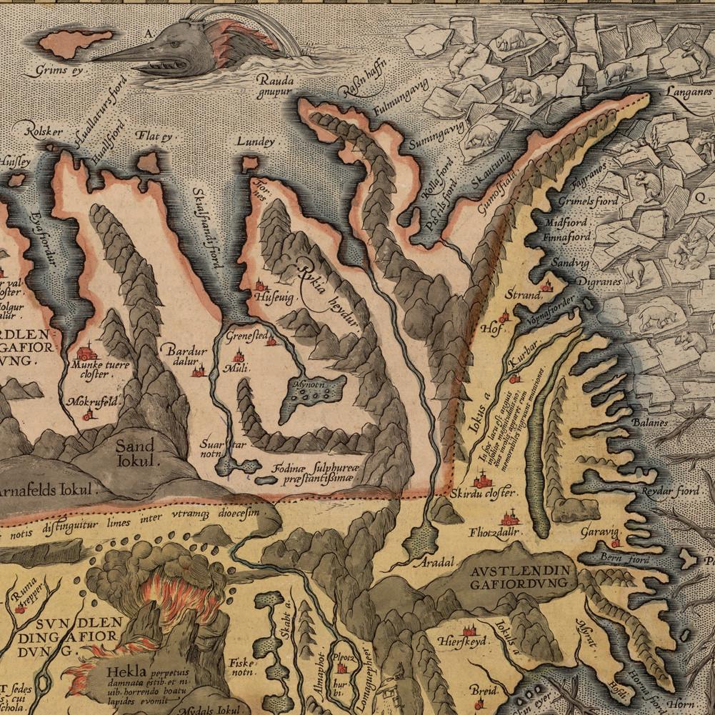 Vintage 1585 Iceland Map Poster, Art Print with Sea Monsters, Retro Nordic Home Decor Wall Hanging for Living Room & Office