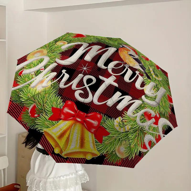 1pc Christmas Wreath with Bird Umbrella with Plastic Handle,Suitable for All Seasons Home Travel Outdoor UmbrellaDD256