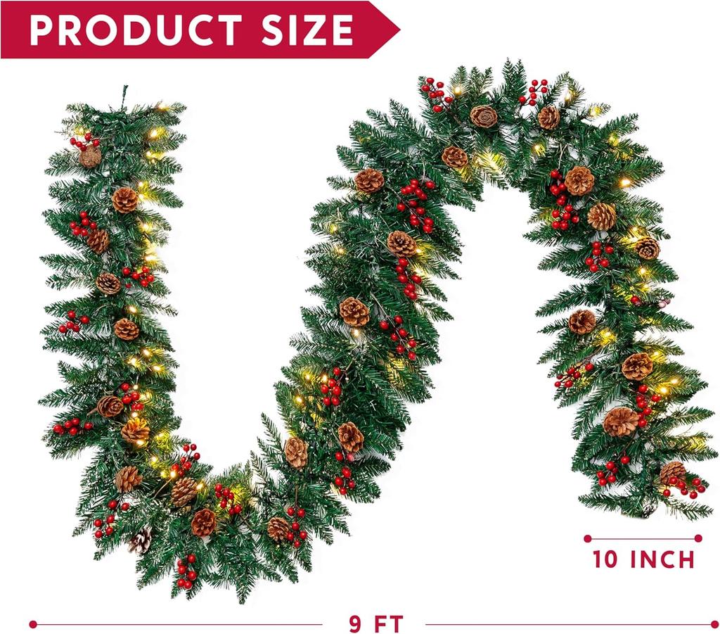JOYFY 9Ft Artificial Christmas Garland Prelit with LED Lights 27 Pine Cones 27 Red Berries for Home Office Christmas Decorations
