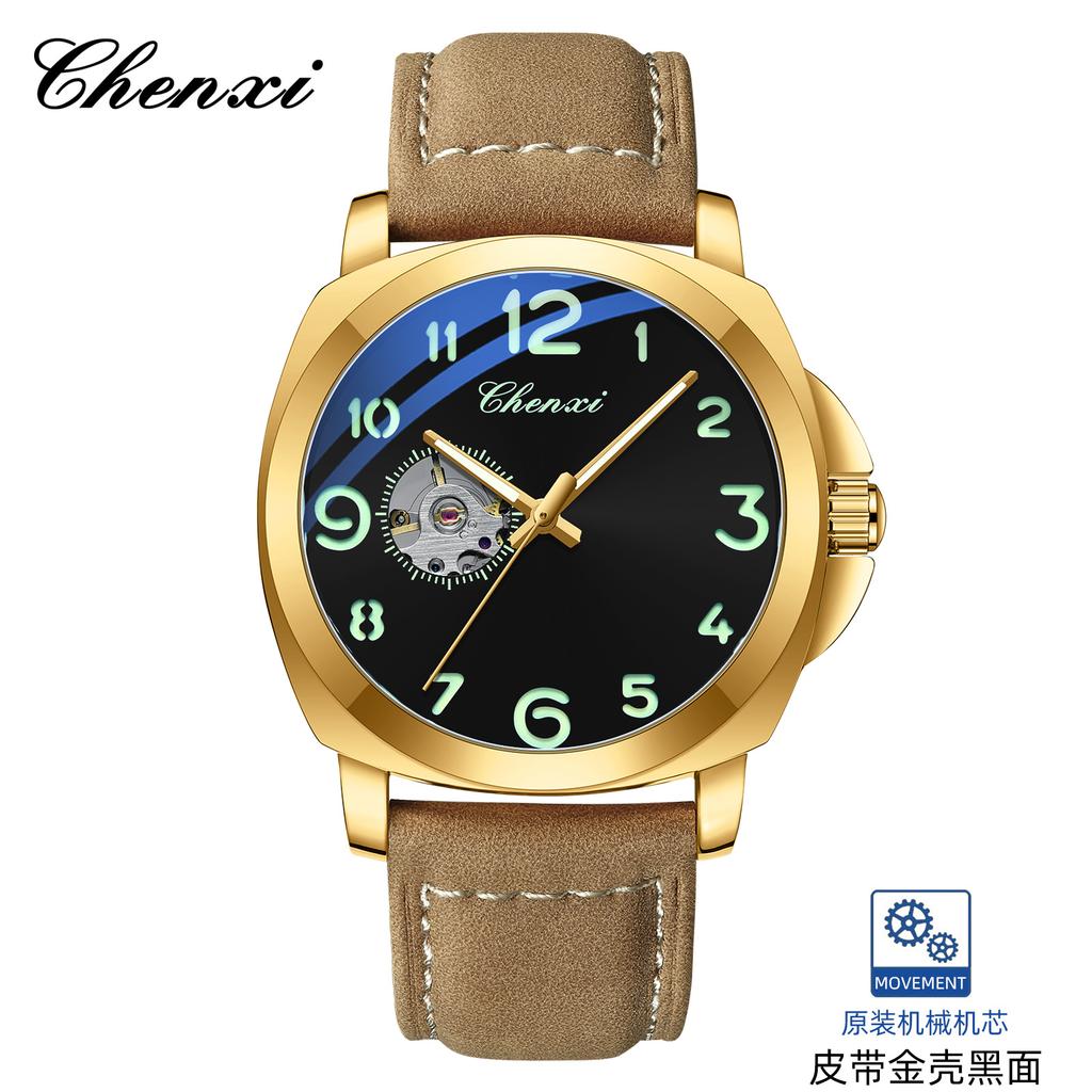 CHENXI 8854 New Band Watches 45mm Men Watch Stainless Steel case Men's Vintage Mechanical Watch SKY BLUE Dial Leather Bracelet