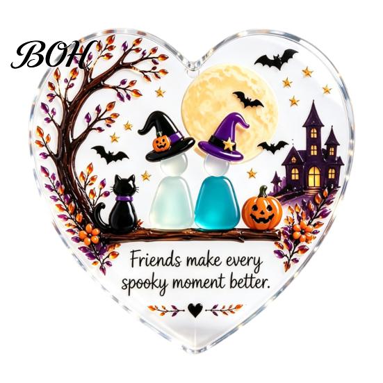Spooky Seasonal Home Accents Friendship Halloween Glass Ornament, Acrylic Heart Hanging Decor with Witch Shaped Ornaments Cat Pumpkin, Colorful