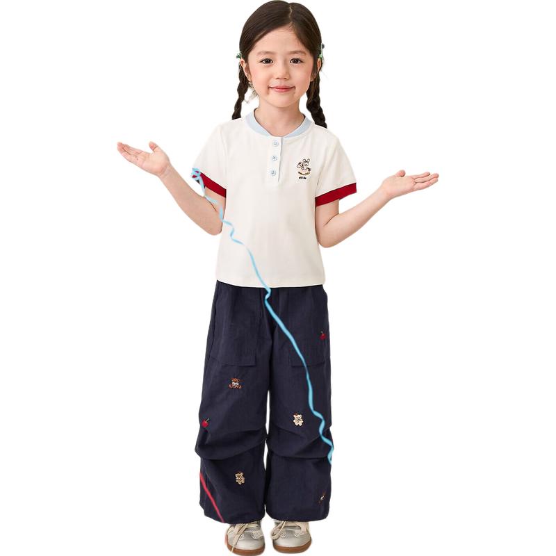 LUSON Girls' Summer Henry Collar Color-block Short Sleeve T-shirt