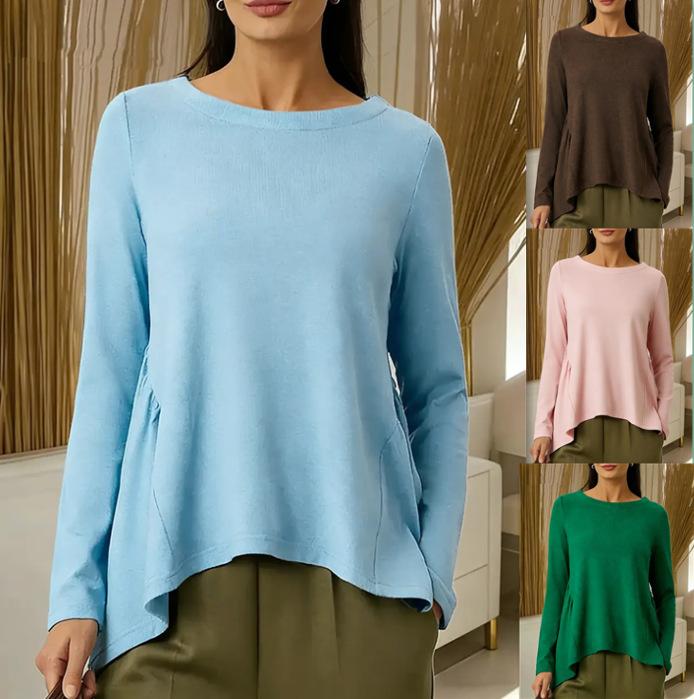 2026 Spring/Autumn New European and American Cross-Border Foreign Trade Amazon WISH Women's Crew Neck Solid Color Long Sleeve Pleated T-Shirt