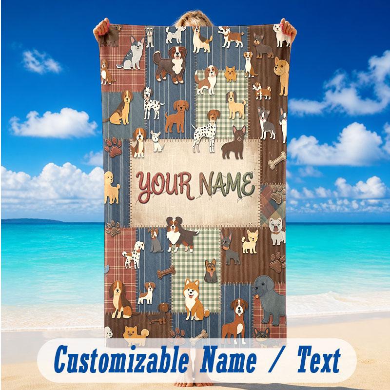 Dog Theme Beach Towel Personalized Custom Name & Text Soft Quick Dry Beach Towel for Swimming Travel