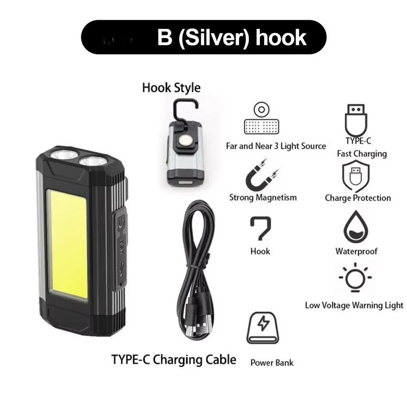 LED-Arbeitsleuchte mit USB-C-Ladefunktion, roter Magnet, wasserdicht, mit Haken, wiederaufladbar, faltbar, COB-Rotationsleuchte, hellste Leuchte