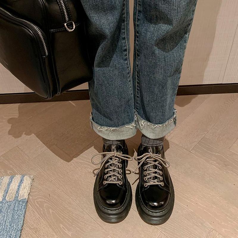 Fashion Women's new leather cowhide round toe high-heeled lace up college style single shoes, thick soled retro casual shoes