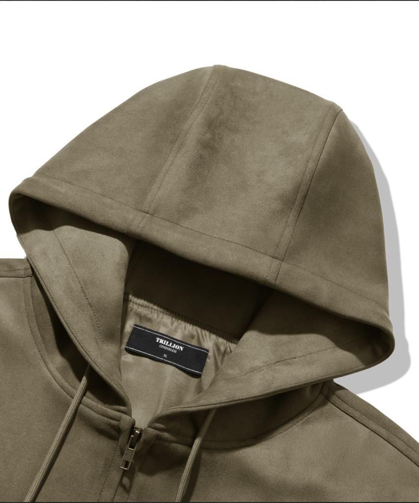 Trillion Leather Patch Suede Work Zip-Up Hoodie_Khaki
