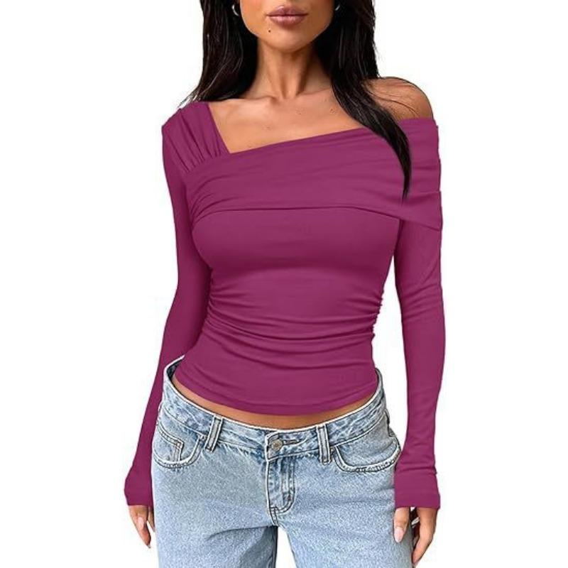 Spring Summer Women's T-Shirts Single Shoulder Long Sleeve Top with Ruffles Outing Sexy Slimming Tops Y2K
