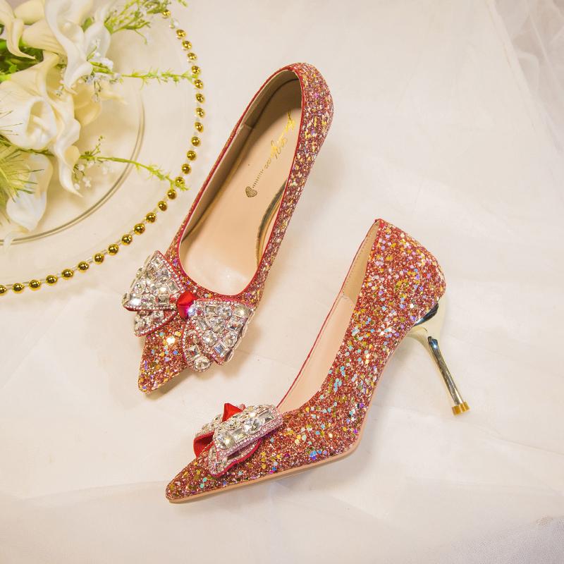 Rimocy Red Shiny Sequins Thin Heel Pumps Women 2025 Fashion Crystal Bow Wedding Party Shoes Woman Bling High Heeled Bridal Shoes