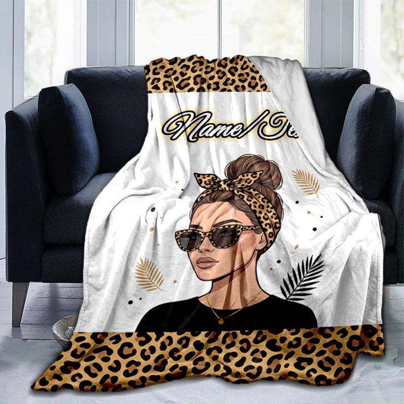 1PC Custom Name Leopard Fashion Portrait outdooor Flannel blankets Throw Blanket All-Season Throw Gift Bedspread for Couch, Bed, Camping Holiday Birth