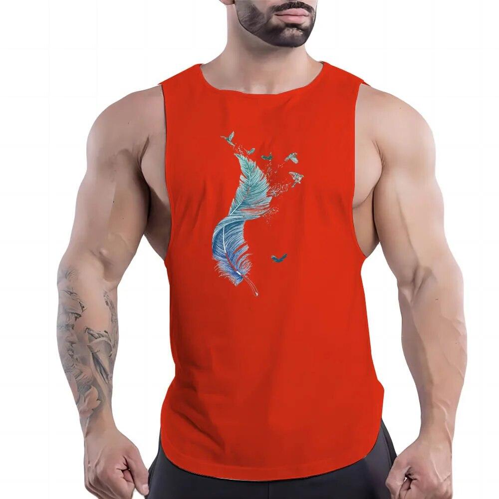 Summer Adult Men'S Outdoor Fitness Crew-Neck Vest Creative Feather Pattern 2d Print Breathable Comfortable Sleeveless Shirt