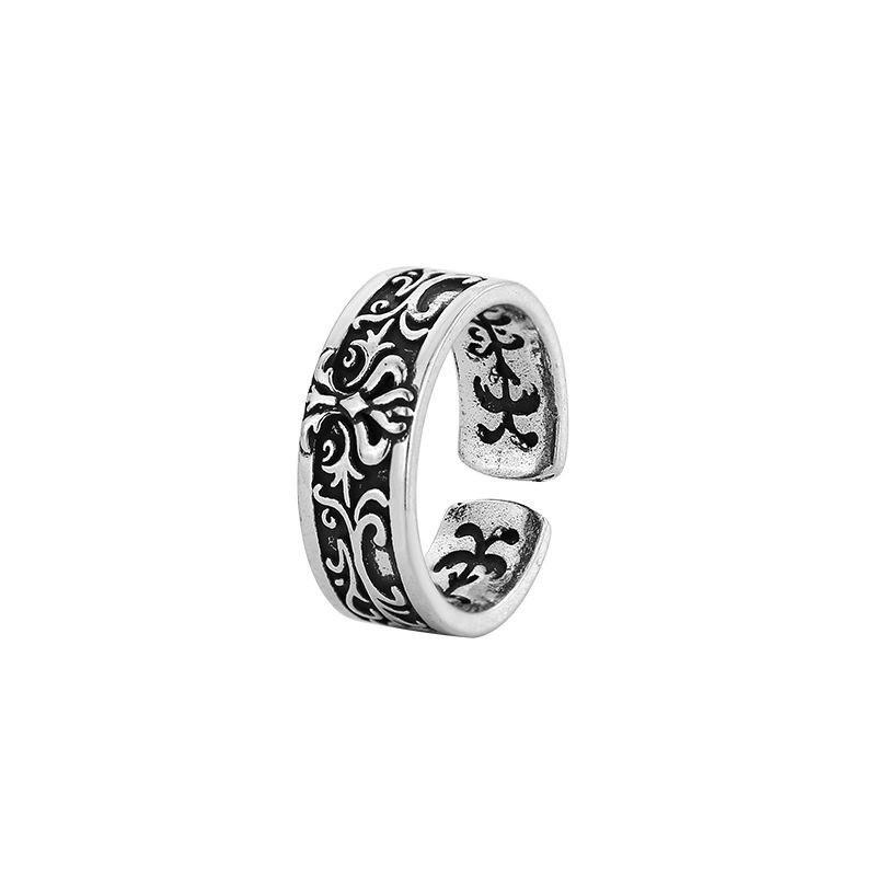 Adjustable Vintage Oxidized Floral Totem Ring Men Women Copper Statement Jewelry Boho Minimalist Style