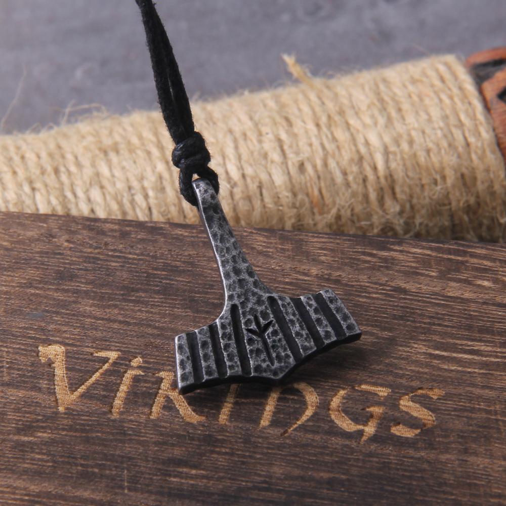 Never Fade Iron Gray Thor Hammer Mjolnir Necklace Viking Norse Stainless Steel Gift for Men with Box