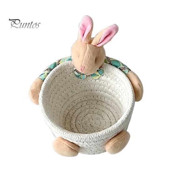Gentle Color Storage Basket Desktop Basket, Cartoon Plush Bear And Rabbit Rope Decorative Plaid Bow Organizer Shape, Woven for Small Items Jewelry