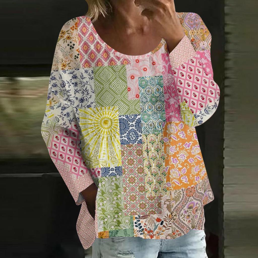 Damen Casual Mode Locker Rundhals Blumenmuster Langarm Oberteil