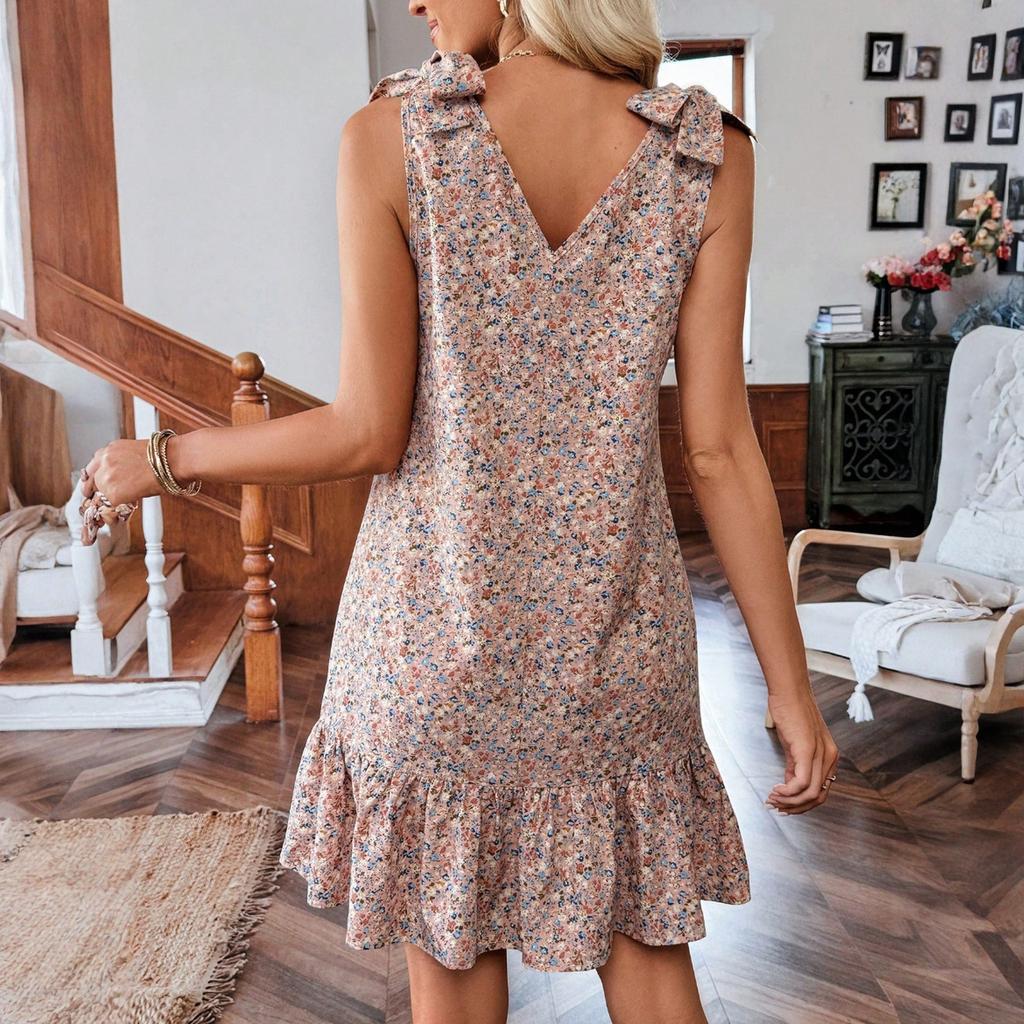 Damenmode V-Ausschnitt Schleife Blumen Westenkleid