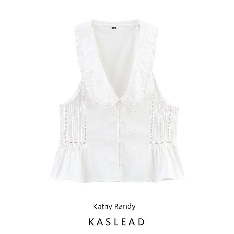 Kaslead New Arrival Women's Clothing Fashion Style Fashion Small round Lapel Embroider Sleeveless Tops 0881041 251