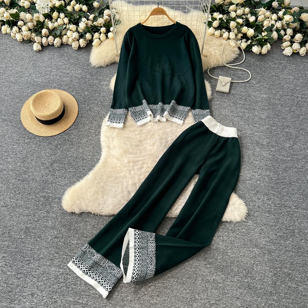 Autumn Winter Women Vintage Jacquard Knitted Sweater Trouser Two Piece Set Full Sleeve Pullover Tops and Wide Leg Pant Tracksuit