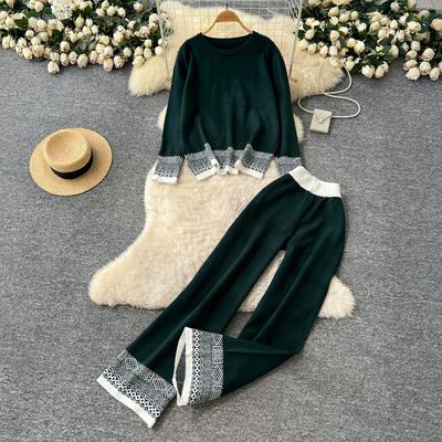 Jesień Zima Damski Vintage Żakardowy Dzianinowy Sweter Spodnie Dwuczęściowy Zestaw Długi Rękaw Pulower Top i Szerokie Spodnie Dres