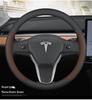 Tesla Model 3 & Y Steering Wheel Cover: Ultra-thin, Non-slip Genuine Leather, All-Season Use.