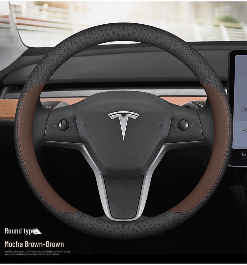 Tesla Model 3 & Y Steering Wheel Cover: Ultra-thin, Non-slip Genuine Leather, All-Season Use.