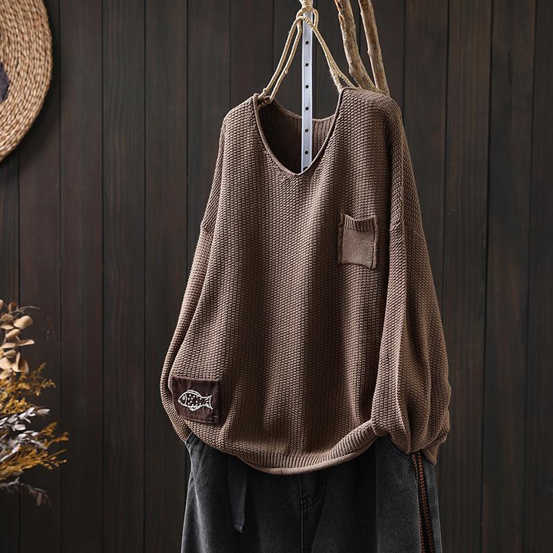 Women's Artistic Loose V-Neck Cotton Knit Sweater - Autumn Long Sleeve, Versatile Large Size
