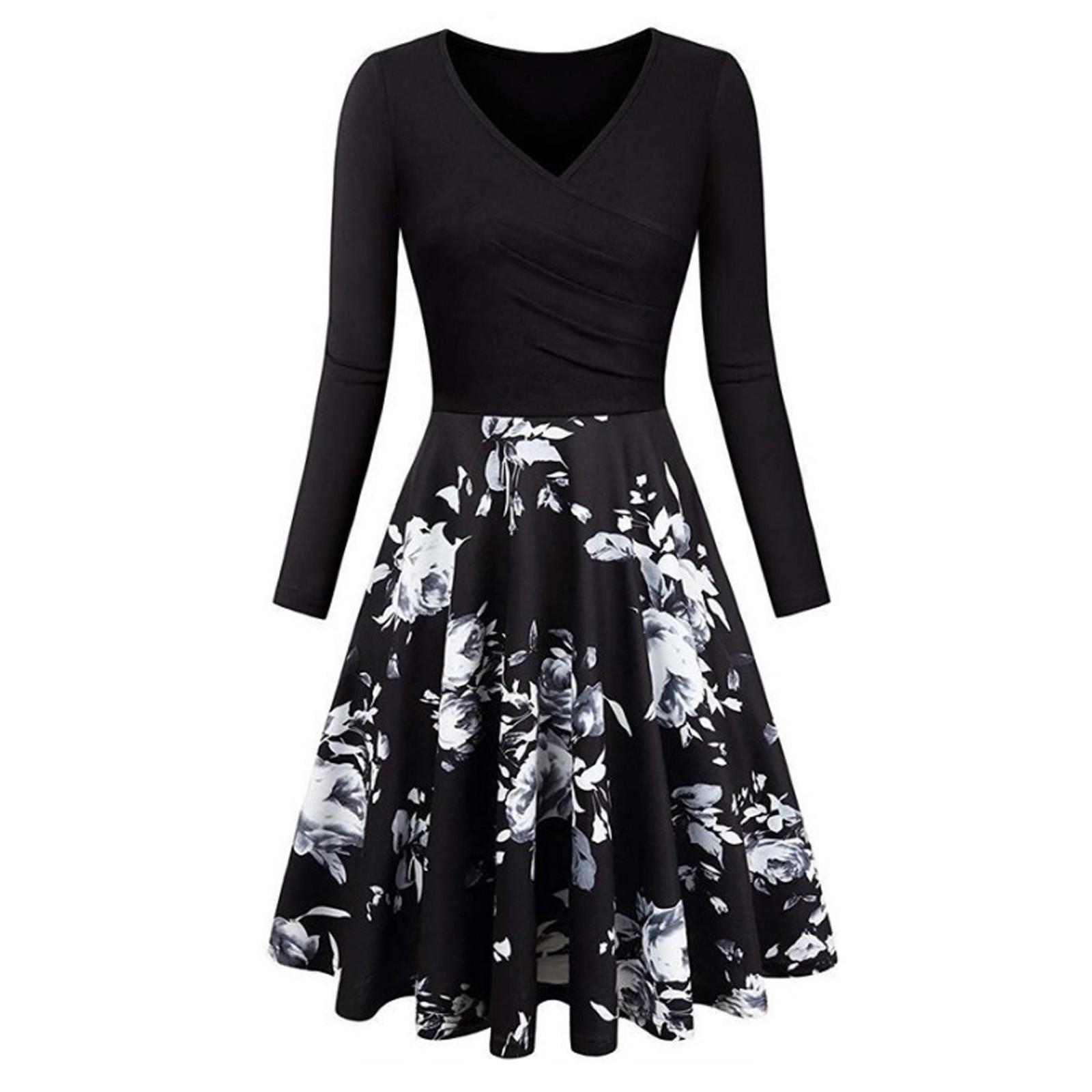 Women s Fashion  Floral Print A-Line Long Sleeve V-Neck Elegant Dress XXL чёрный