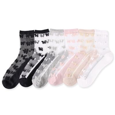 Crystal Silk Socks Women Summer Ultra-thin Transparent Nylon Long Socks Cute Butterfly Print Breathable Soft Elastic Silk Socks