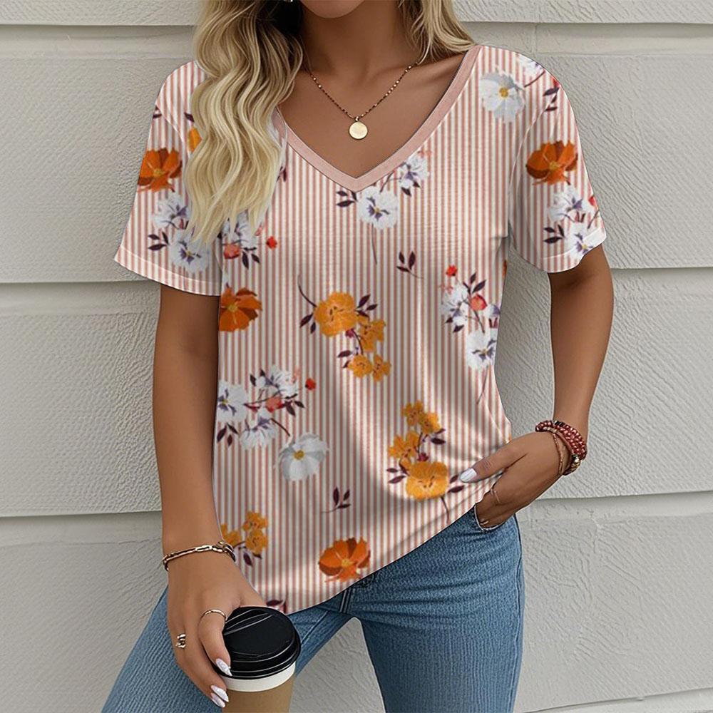 Women's T-Shirt Stripes And Floral Graphics Retro Fashion Classic Casual Short-Sleeved Oversized V-Neck Summer Women's Clothing