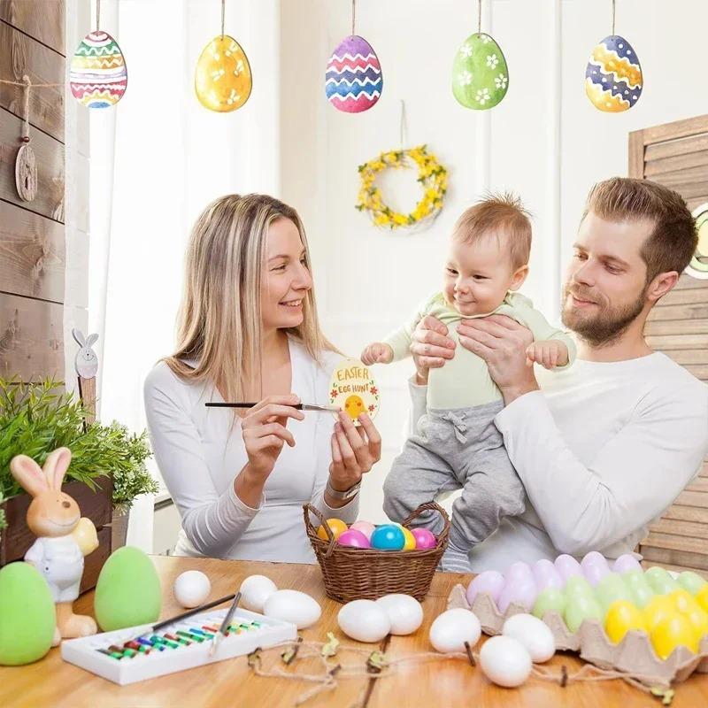 10pcs Easter Egg Unfinished Wood Ornaments Wood Slices DIY Crafts Unfinished Wooden Easter Ornaments with Hemp Rope for Easter