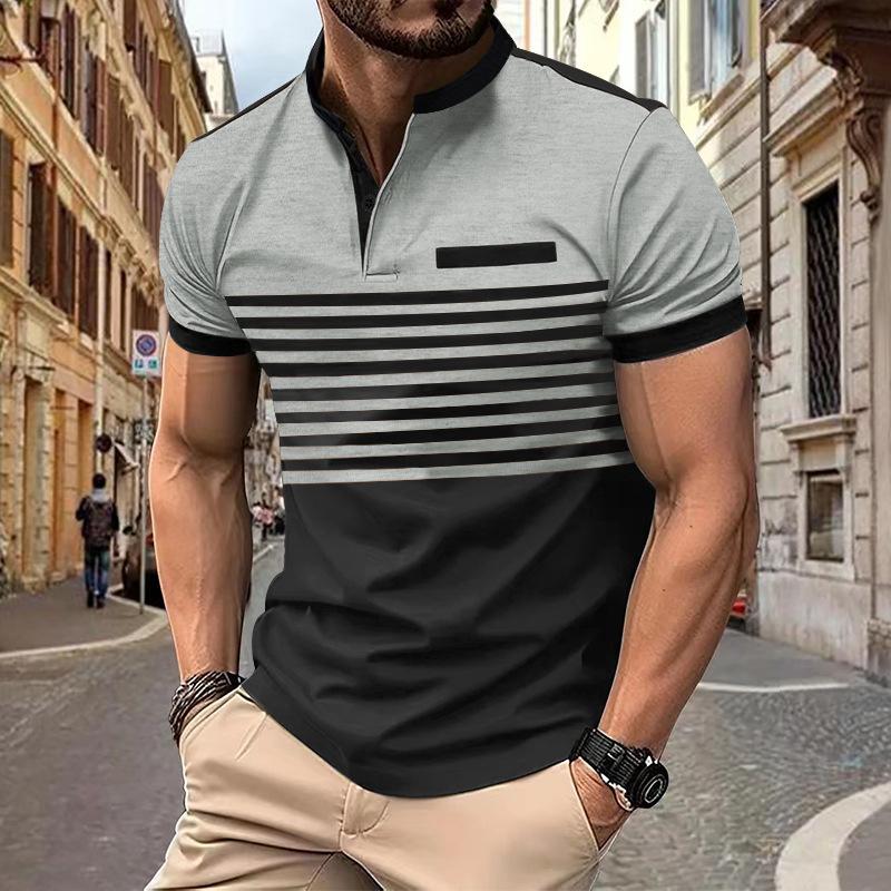 New Contrast-Striped Short-Sleeved Men's Casual Polo Shirt V-Neck Button-Front Top Men's Henley Shirt