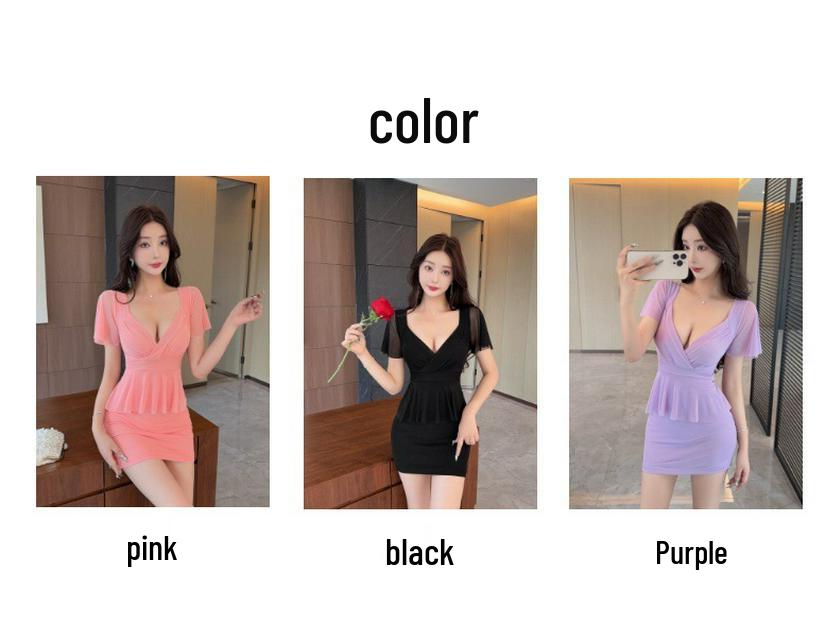 Women's Sexy Nightclub Mesh Ruffle Bodycon Dress with Deep V-Neck and Flared Hem