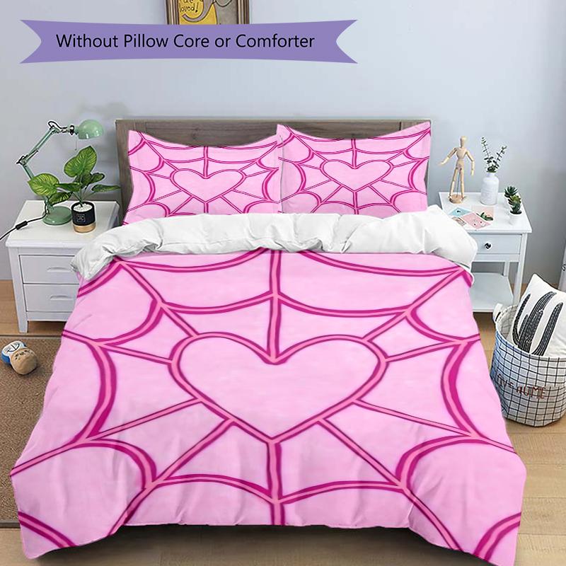 3Pcs Pink Heart Web Bedding Set Soft Fabric Duvet Cover Pillowcases Home Christmas Xmas Halloween Gift 1 Duvet Cover 2 Pillowcase G1126