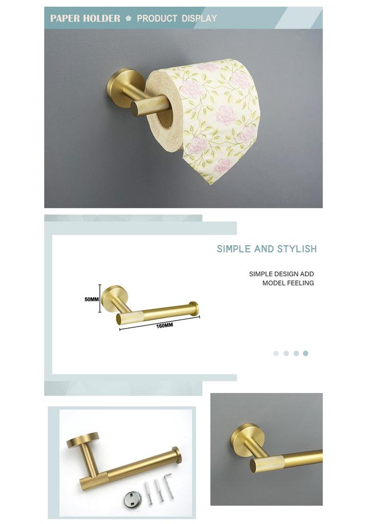Brushed Gold 304 Stainless Steel Bathroom Set: Knurled Towel Rack, Towel Bar, Paper Holder, and Coat Hook