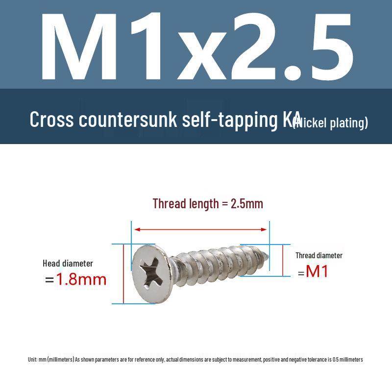 YiguYigu Nickel-Plated Phillips Flat Head Self-Tapping Screws M1-M5, Carbon Steel