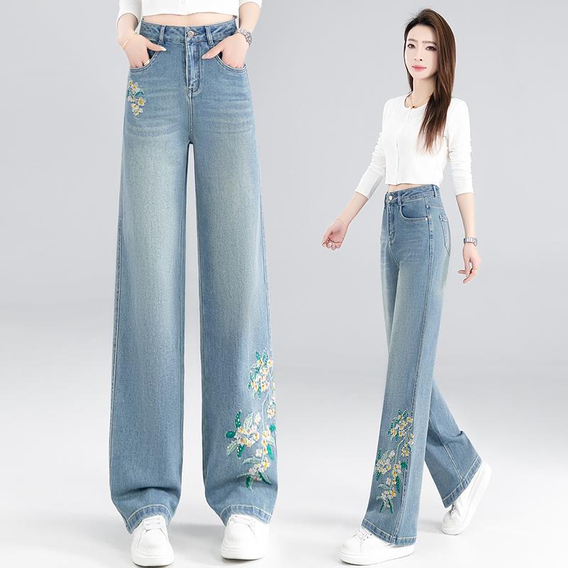 Sky blue fashion flower embroidery wide-leg jeans women's summer new high-waisted fashion temperament straight-leg pants