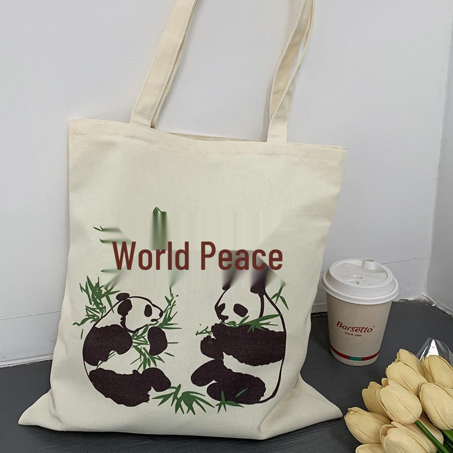 Panda Women's Large Canvas Shoulder Bag - Chinese Style Tote for Travel & Students