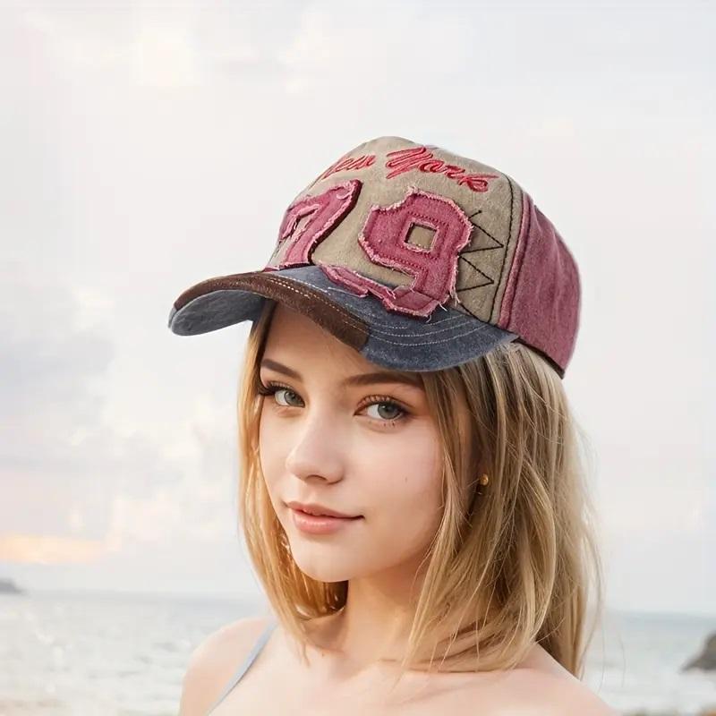 Yiran Bag Women's New York 79 Embroidery Baseball Cap Vintage Color Block Washed Distressed Sun Hat Breathable Adjustable Dad Hats For Men Cm