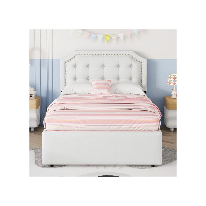 Lit - MUVOE - 90x200 cm - Beige clair - Rembourré avec tiroirs - Design élégant