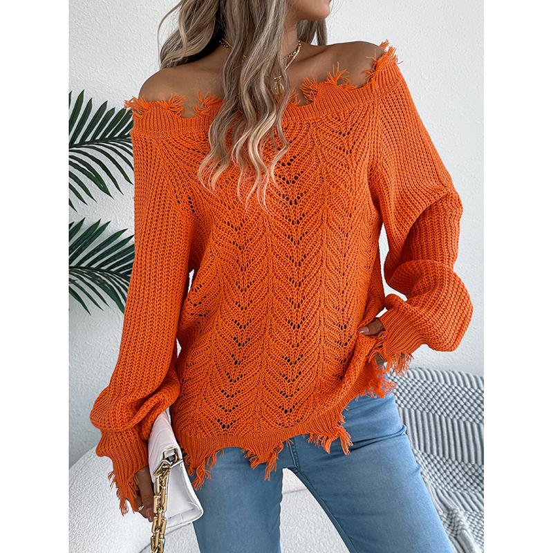 

Женские свитера Осень Зима Однотонные Ажурные С длинным рукавом Рваные С открытыми плечами Пуловер XL