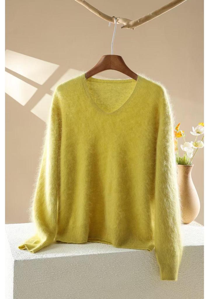 Women's V-Neck Loose Fit Brushed Cashmere Sweater - Autumn/Winter Collection, Seamless Solid Color, Soft and Skin-friendly.