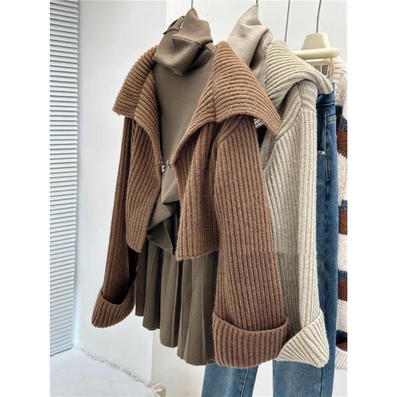 Elegant Knitted Cardigan Women Short Sweater Jacket Spring and Autumn Long Sleeve Casual Korean Fashion Lapel Coats Solid Simple Office Clothes